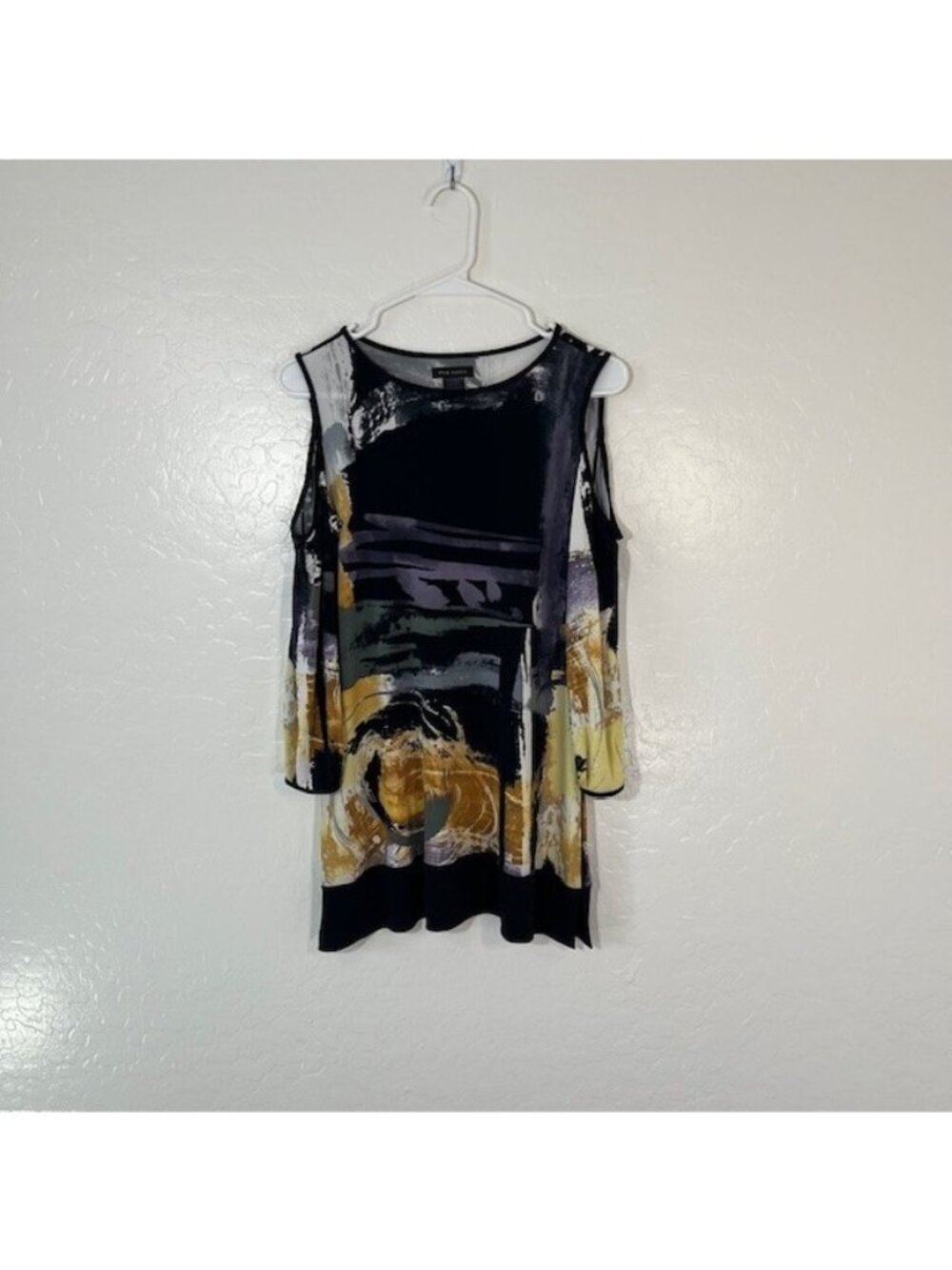 Eva Varro Top Womens XS Tunic Cold Shoulder Abstract Art Stretch Blouse